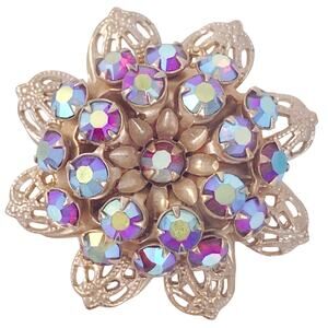 Small Vintage AB Rhinestone Floral Cluster Brooch Gold Tone Mid Century 50s 60s